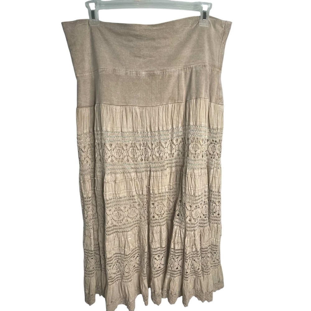 Tan Tiered Ruffle Embroidered Pull On Maxi Skirt Sz XXL